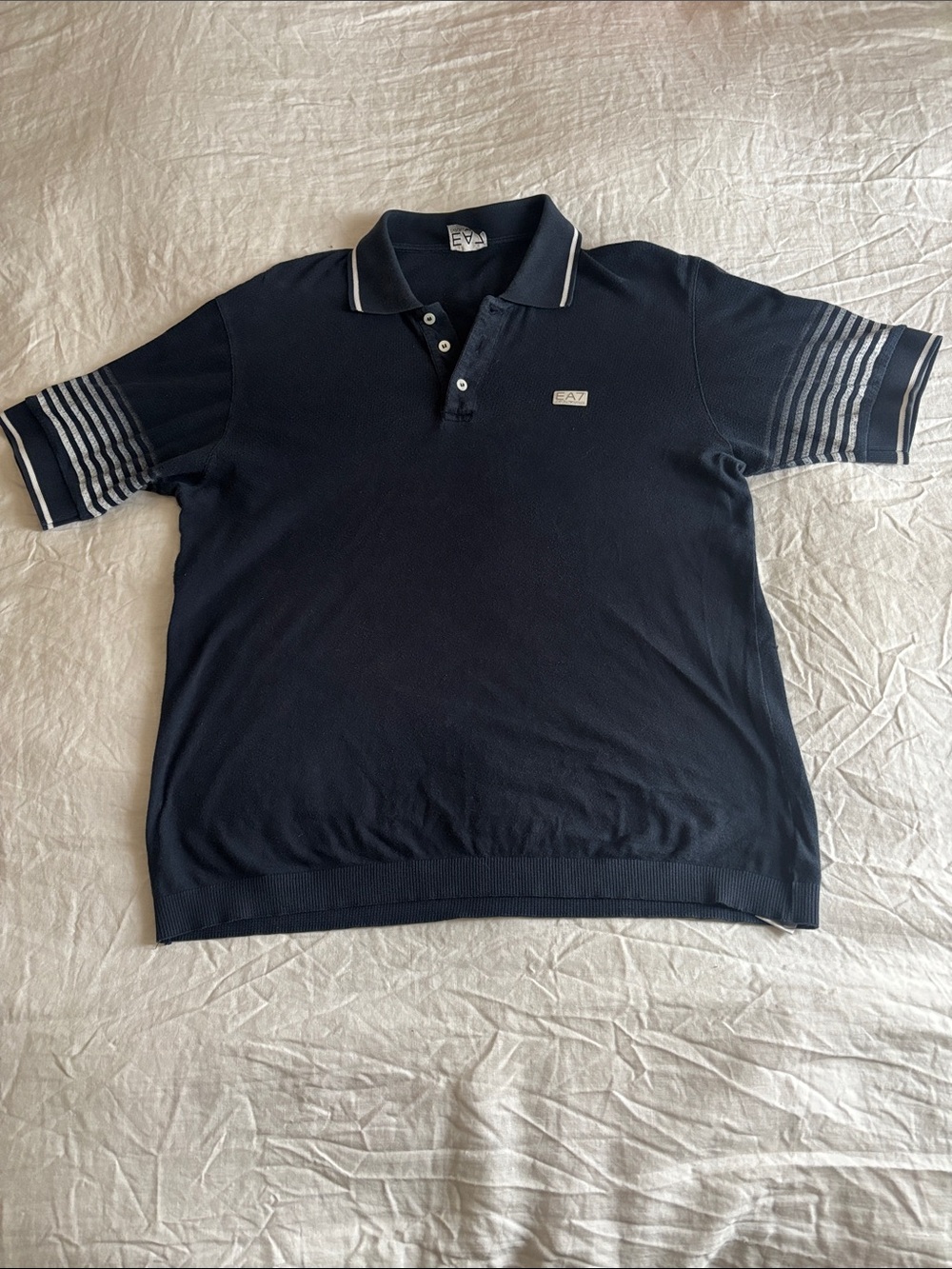 Emporio Armani Navy Polo with White Trim and Striped Sleeves